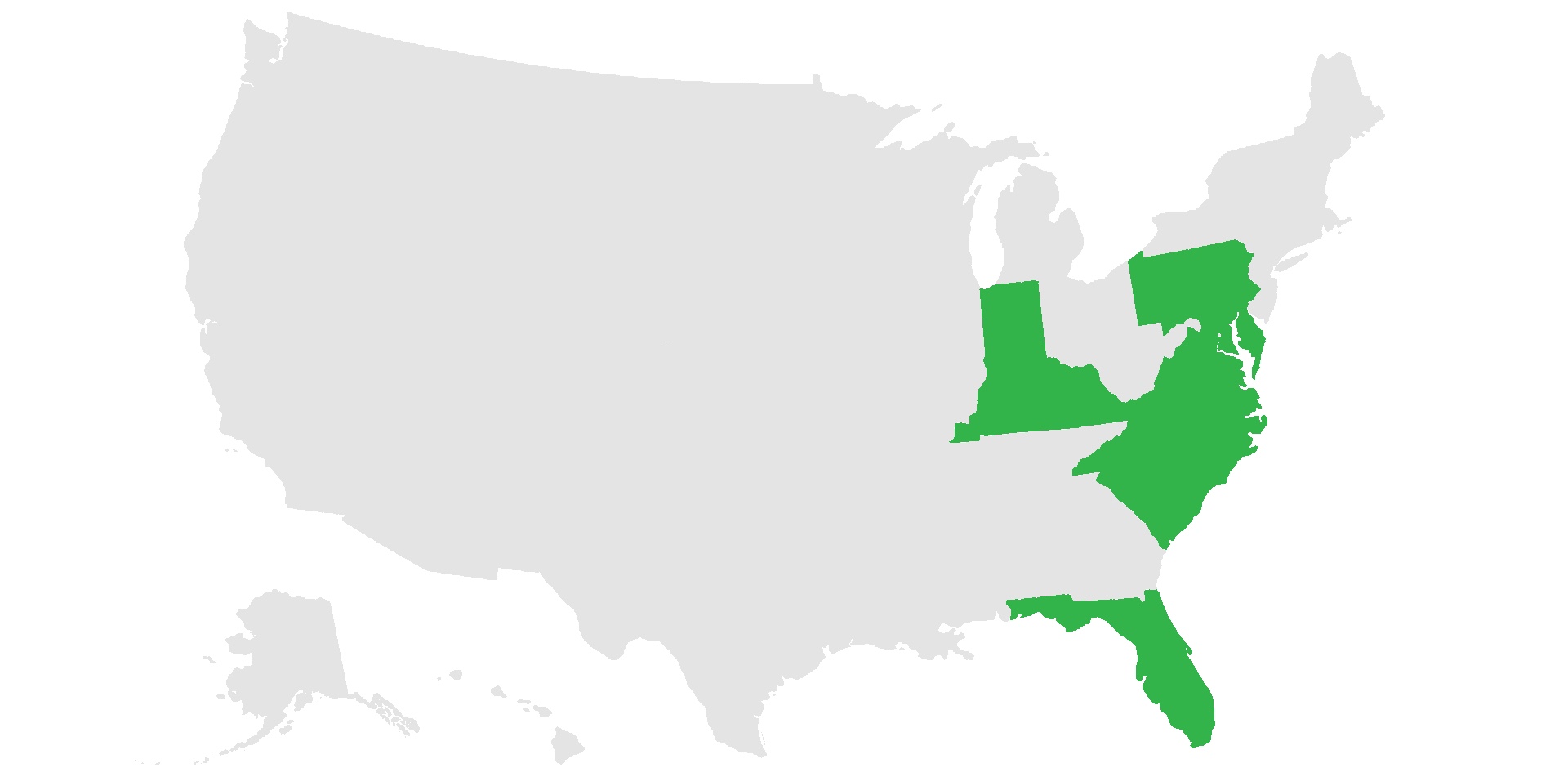 Map of the United States with licensed states in green: Maryland, Pennsylvania, Virginia, Delaware, Indiana, Ohio, Kentucky, North Carolina, South Carolina, Florida, and New Jersey.