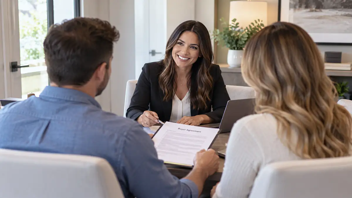 Buyers reviewing a purchase agreement with a representative.