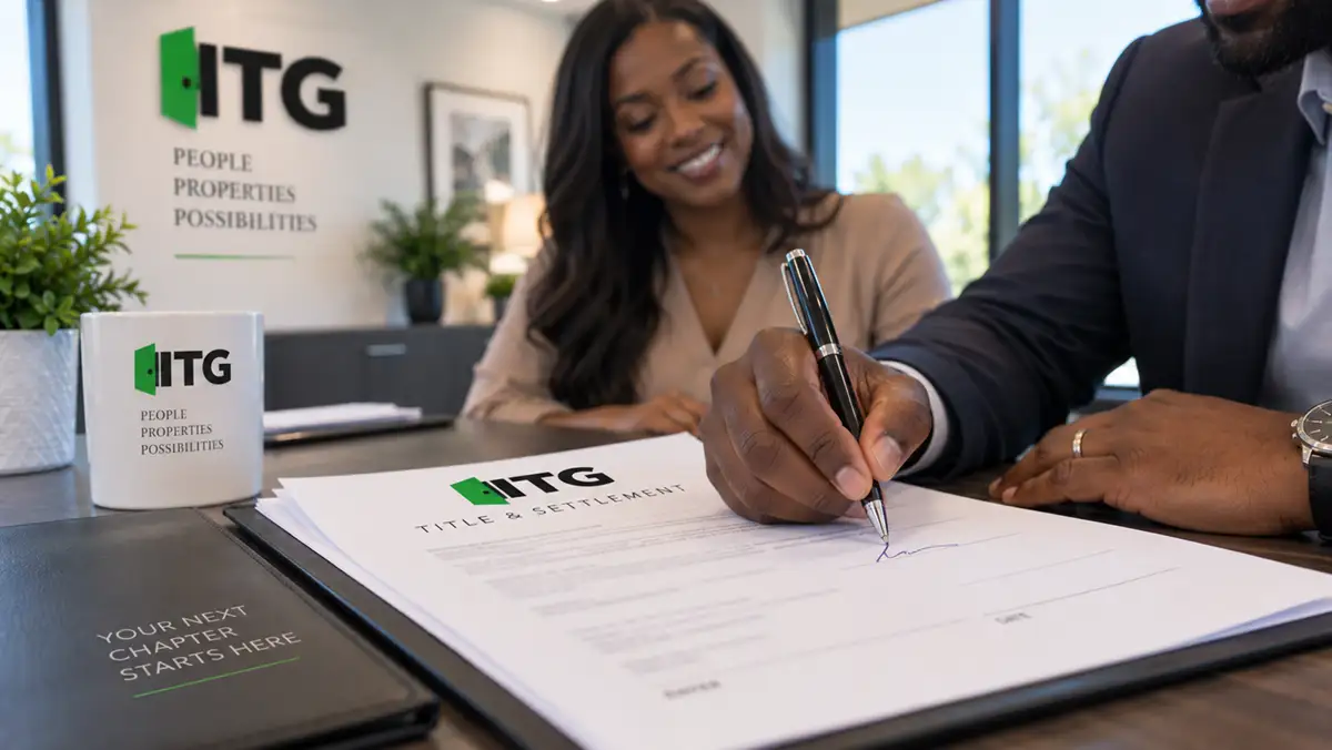 A couple signing documents with an Integrity Title Group representative.